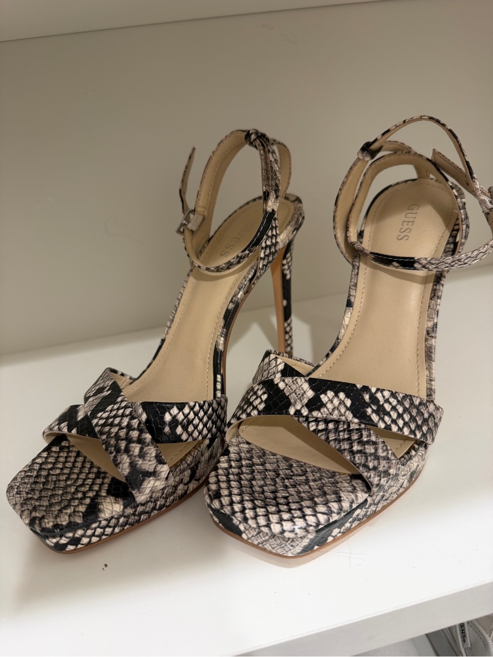 GUESS Snake-Print Ankle Strap High Heel Sandals - Beige/Black 7 M